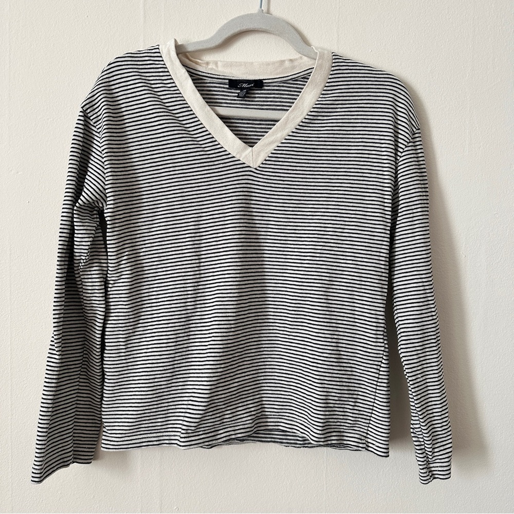 Mavi Black and White Striped V-Neck Long Sleeve Top